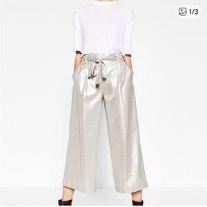 Zara Metallic Silver Wide-Leg Pants